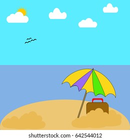 A vacation on a beach with Ocean, sky and clouds with Umbrella, suitcase and beach toys.