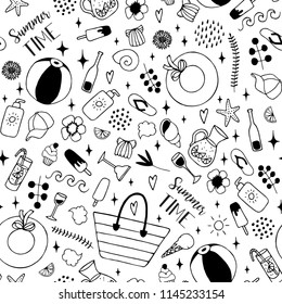 Vacation On The Beach Resort Seamless Pattern. Hand Drawn Vector Black And White Illustration. Sea Side Items. Cartoon, Doodle. Background, Wallpaper. Colouring Page. 