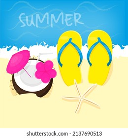 Vacation on the beach and sea, flip flops, coconut and starfish, vacation and travel concept, vector illustration..