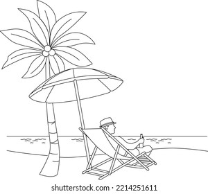 Vacation on the beach tropical island with palms, a beach chair and a ocean. Vacation vector lines illustration.