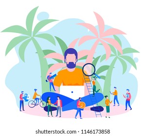 Vacation on the beach , work online Concept for web page, banner, presentation, social media, documents, cards, posters. ideas of thought and analyst, business graphics