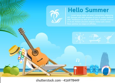 Vacation on the beach.description of the guitar on the beach and relax.