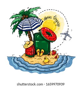 Vacation on an island in the ocean. Bon Voyage!Vector illustration on an isolated background.