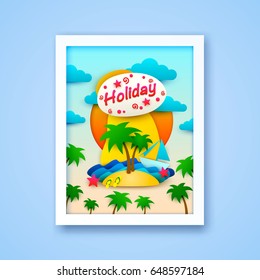 Vacation on the island postcard. Paper style covers summer. Vector illustration