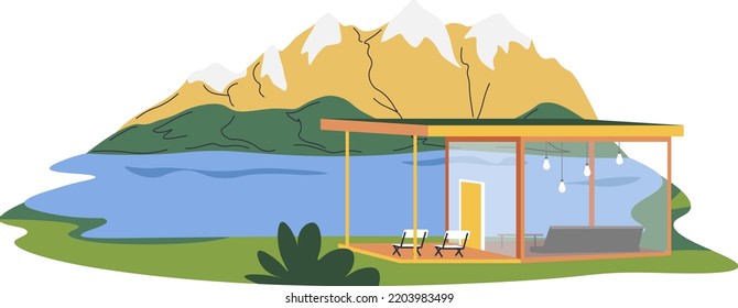 Vacation On Nature, Isolated Eco Resort. Residential Building Located By Mountain Lake Or River, Mountain Range And Greenery. Ecological Space For Relaxing On Weekend, Luxury House. Vector In Flat