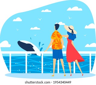 Vacaciones en el océano, verano caluroso, pareja en observación de ballenas a orillas del mar, diseño de dibujos animados estilo ilustración vectorial, aislado en blanco.