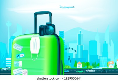 Vacation on pandemic. Concept with color plastic suitcase and protection mask in a city. Vector banner