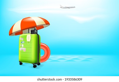 Vacation on pandemic. Concept with color plastic suitcase and protection mask. Vector banner with copy space for a text 