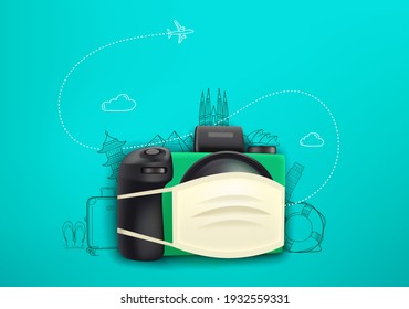 Vacation on pandemic. Concept with digital camera and protection mask
