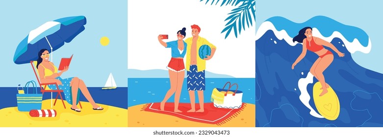 Vacation on sandy beach flat set with people reading on lounge taking selfie and surfing on holidays isolated vector illustration
