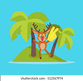 Vacation on tropic island cartoon concept. Joyful horned reindeer with foam victory fingers on small island with palm trees flat vector illustration isolated on blue background. For travel company ad 