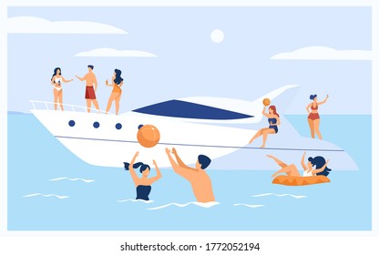 Vacaciones en yate. Felices personajes turísticos navegando, bebiendo cócteles en un barco de lujo, nadando y jugando a la pelota en el mar. Ilustración de vectores para cruceros, temas de actividad en el agua de verano