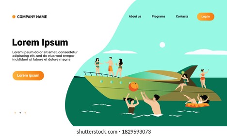 Vacation on yacht concept. Happy tourist characters sailing, drinking cocktails on luxury boat, swimming and playing ball in sea. Vector illustration for cruise, summer water activity topics