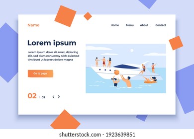 Vacation on yacht concept. Happy tourist characters sailing, drinking cocktails on luxury boat, swimming and playing ball in sea. Vector illustration for cruise, summer water activity topics
