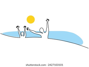 Vacation one line drawing. People during holiday in the beach view. Relaxing time natural place. Vector illustration editable stroke.