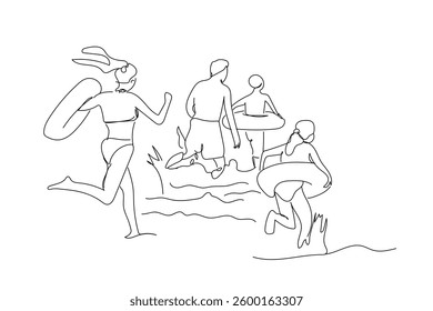 Vacation one line drawing. People during holiday in the beach view. Relaxing time natural place. Family on beach at sea resort. Vector illustration editable stroke. Hand made vector not Al 