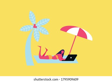 Vacation outdoor beach working young lady under umbrella outsource leaning vector illustration.