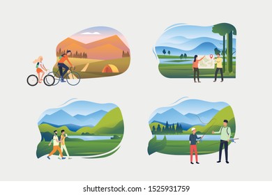 Vacation outdoors illustration set. People watching trekking map, hiking, fishing, riding bikes to camp. Activity concept. Vector illustration for posters, banners, flyers