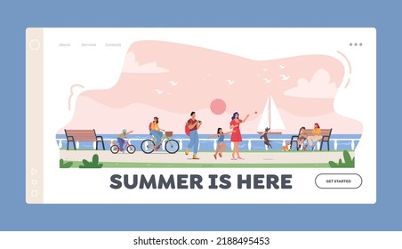 Vacation Outdoors Landing Page Template. Happy Family Characters Walking along Embankment with Seaview and Floating Yacht. Parents and Children Spend Time Together. Cartoon People Vector Illustration