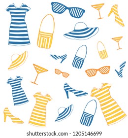 Vacation outfit, seamless pattern, dress and other accesories for beach and warm weather, vector illustration 