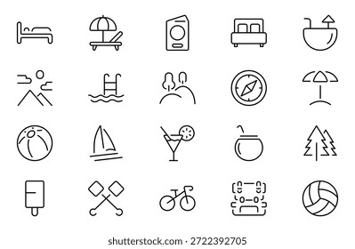 Symbol für Urlaub und Outing. Enthalten lineare Symbole Camp, Zelt, Wandern, Tourismus, Outing, Camping, Kajak, Tour und mehr. Paket mit dünnen Gliederungssymbolen. Vektorgrafik