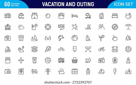 Symbol für Urlaub und Outing. Enthalten lineare Symbole Camp, Zelt, Wandern, Tourismus, Outing, Camping, Kajak, Tour und mehr. Paket mit dünnen Gliederungssymbolen. Vektorgrafik