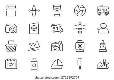 Symbol für Urlaub und Outing. Enthalten lineare Symbole Camp, Zelt, Wandern, Tourismus, Outing, Camping, Kajak, Tour und mehr. Paket mit dünnen Gliederungssymbolen. Vektorgrafik