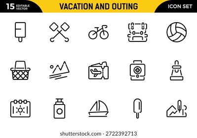 Symbol für Urlaub und Outing. Enthalten lineare Symbole Camp, Zelt, Wandern, Tourismus, Outing, Camping, Kajak, Tour und mehr. Paket mit dünnen Gliederungssymbolen. Vektorgrafik