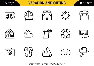 Symbol für Urlaub und Outing. Enthalten lineare Symbole Camp, Zelt, Wandern, Tourismus, Outing, Camping, Kajak, Tour und mehr. Paket mit dünnen Gliederungssymbolen. Vektorgrafik