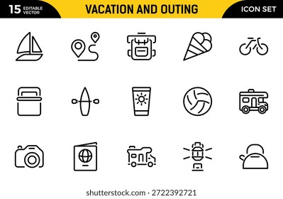 Symbol für Urlaub und Outing. Enthalten lineare Symbole Camp, Zelt, Wandern, Tourismus, Outing, Camping, Kajak, Tour und mehr. Paket mit dünnen Gliederungssymbolen. Vektorgrafik