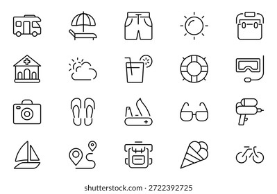 Conjunto de iconos de vacaciones y salidas. Contiene símbolos lineales de campamento, tienda de campaña, senderismo, turismo, excursiones, camping, kayak, tour y más. Paquete de iconos de contorno delgado. Ilustración vectorial