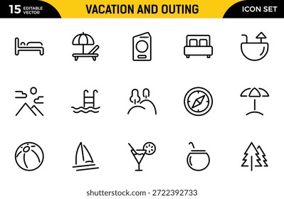 Conjunto de iconos de vacaciones y salidas. Contiene símbolos lineales de campamento, tienda de campaña, senderismo, turismo, excursiones, camping, kayak, tour y más. Paquete de iconos de contorno delgado. Ilustración vectorial