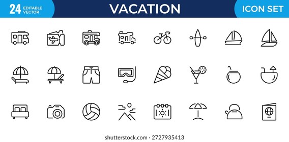 Conjunto de iconos de líneas de vacaciones y salidas, camping y turismo Iconos de vectores de contorno delgado