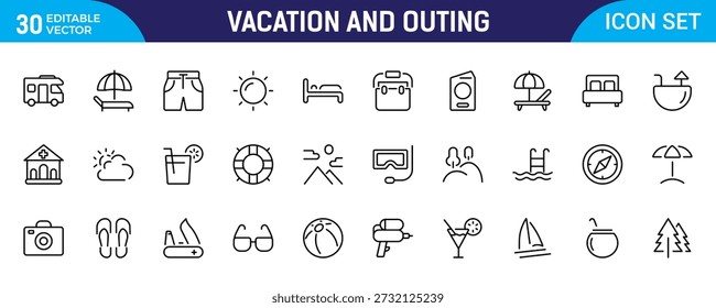Vacation and Outing Line Icon Set – Travel, Camping and Tourism Thin Outline Icons Collection Including Camp, Tent, Hiking, Kayak, Tour and Outdoor Adventure Symbols, Editable Stroke, Modern Vector Illustration