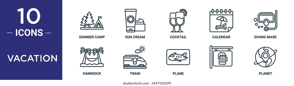 vacation outline icon set includes thin line summer camp, sun cream, cocktail, calendar, diving mask, hammock, train icons for report, presentation, diagram, web design
