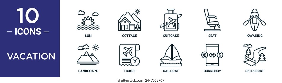 vacation outline icon set includes thin line sun, cottage, suitcase, seat, kayaking, landscape, ticket icons for report, presentation, diagram, web design