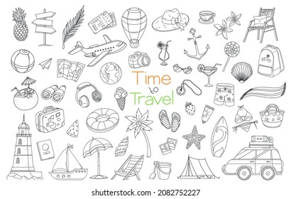 Vacation outline icons. Time to travel hand drawn simple elements. Line badge of tourism and traveling plane lighthouse, cocktails, sun lounger, surfboard, beach equipment, tickets and ets