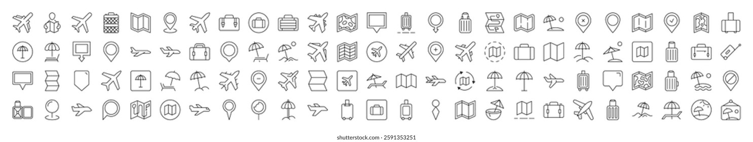 Vacation Outline Simple Icons Bundle. Contains Icons of Plane, Map, Location, Beach Umbrella that Can Be Used for Design of Cards, Posts, Apps, Web Sites