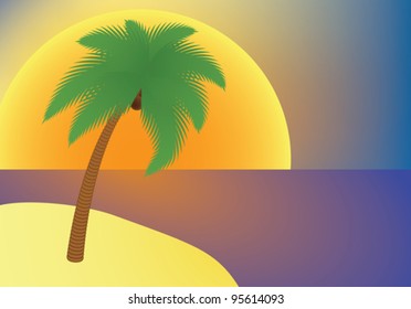 vacation: palm tree on an island at sunset vector illustration