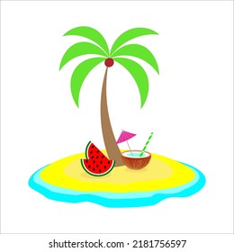 vacation, palmana on an island among the sea, ocean, picnic under a tree with a cocktail and watermelon, vacation concept.