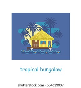 Vacation in paradise concept. Summer beach bungalow by sunset. Romantic tropic house or small straw hut for rent or living. Summer travel poster.
