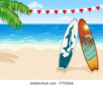 Vacation in paradise - surfing at tropical beach. Vector file saved as EPS AI8, all elements layered, grouped, simple linear gradients, no effects, easy print.