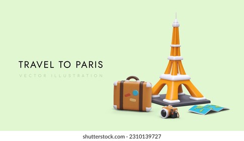 Vacation in Paris. Trip to France. Template with 3D Eiffel Tower, suitcase, camera, map. Modern advertising in cartoon style. Reservation and sale of tickets, organization of excursions