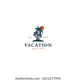 Vacation party beach with palm tree and sunset style logo inspiration vector illustration