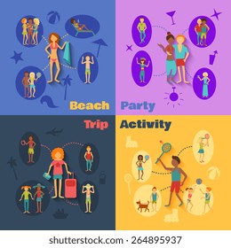 Vacation people design concept set with beach party trip activity flat icons isolated vector illustration