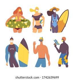 Vacation people during covid-19 pandemic isolated on white. Vector young characters set during summer activities