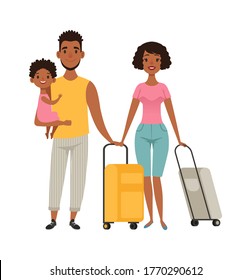 Vacation people with suitcases, family goes on vacation. Cartoon afroamerican characters mom dad daughter vector illustration