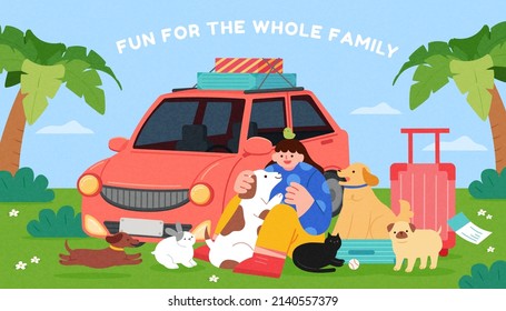 Vacation with pets. Flat illustration of a young woman going on vacation with lots of her pets which are her family member