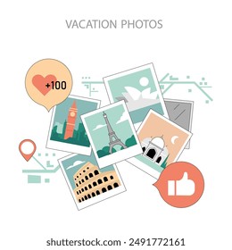 Vacation Photos concept. Collage of travel pictures with famous landmarks. Collecting memories from trips around the world. Vector illustration.