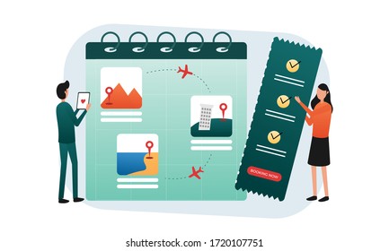 vacation plan and booking tickets illustration. travel and tourism concept. couple holiday after work hard. suitable for landing page, app screen, infographic. vector graphic design